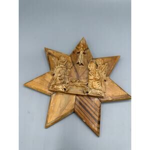 Hand Carved Wooden Nativity Wall Hanging Star – Rustic Religious Christmas Decor